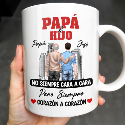 Papá & Hijo, No Siempre Cara A Cara Pero Siempre Corazón A Corazón, Father and Son, Cityscape - Personalized Custom Coffee Mug - SON052_MG