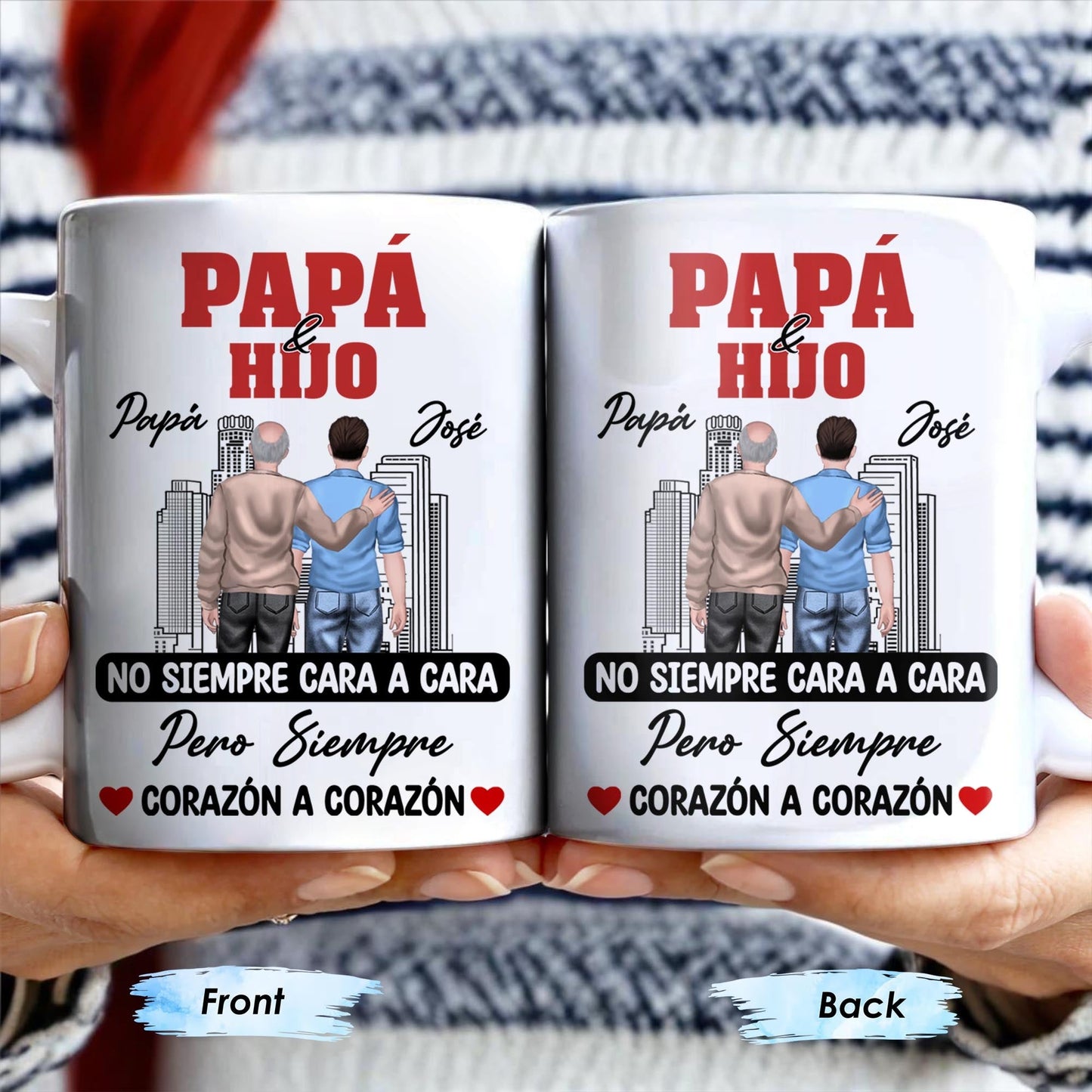 Papá & Hijo, No Siempre Cara A Cara Pero Siempre Corazón A Corazón, Father and Son, Cityscape - Personalized Custom Coffee Mug - SON052_MG