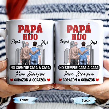Papá & Hijo, No Siempre Cara A Cara Pero Siempre Corazón A Corazón, Father and Son, Cityscape - Personalized Custom Coffee Mug - SON052_MG