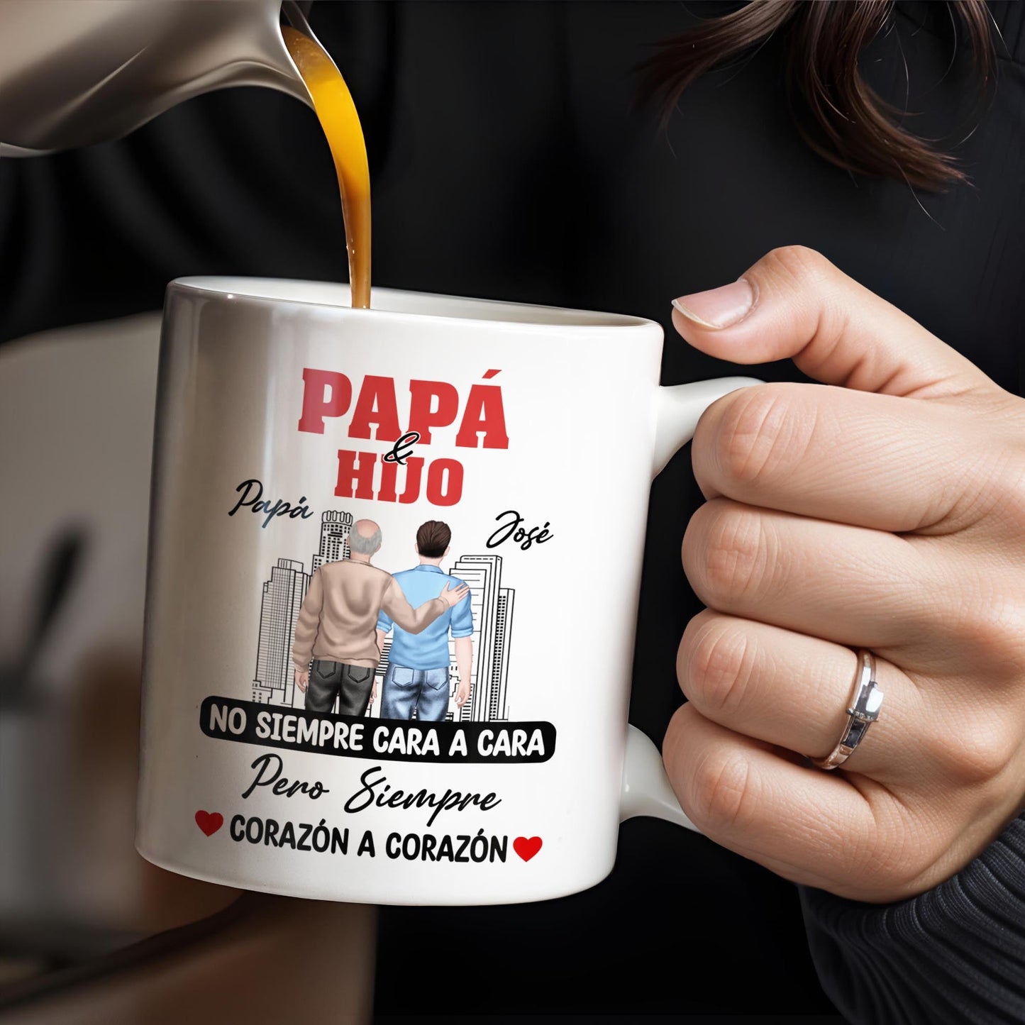 Papá & Hijo, No Siempre Cara A Cara Pero Siempre Corazón A Corazón, Father and Son, Cityscape - Personalized Custom Coffee Mug - SON052_MG