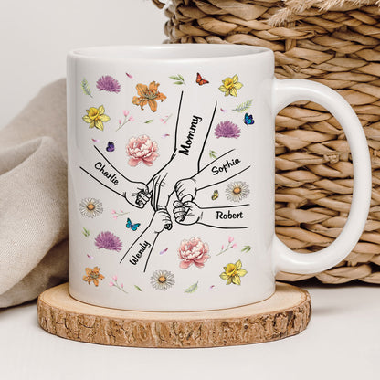 Kids Holding Mom Grandma Hand Birth Month Flowers Background Personalized Mug