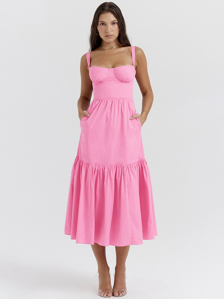 Pink Strap Midi Dress With Pocket