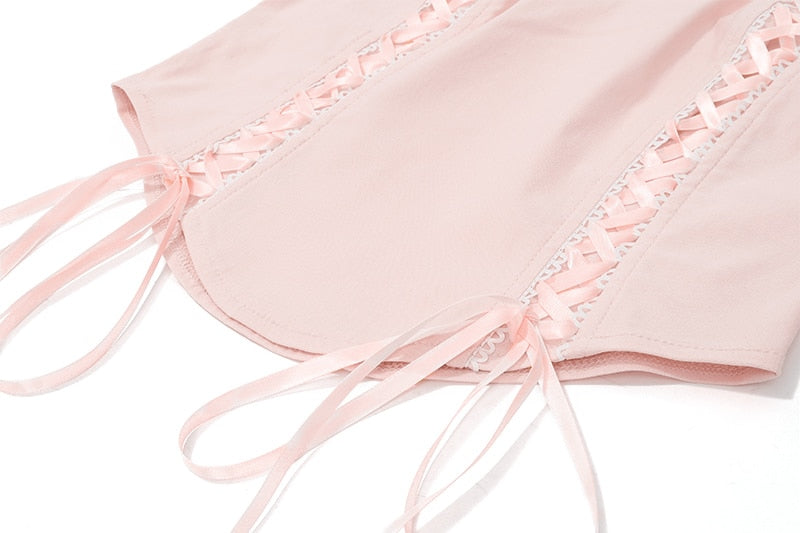 Pink Lace Up Corset And Pleated Mini Skirt Set