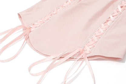 Pink Lace Up Corset And Pleated Mini Skirt Set