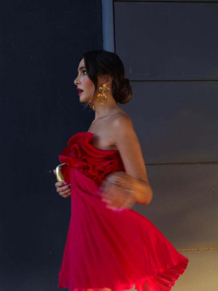 Red Ruffled Pleated Strapless Mini Dress