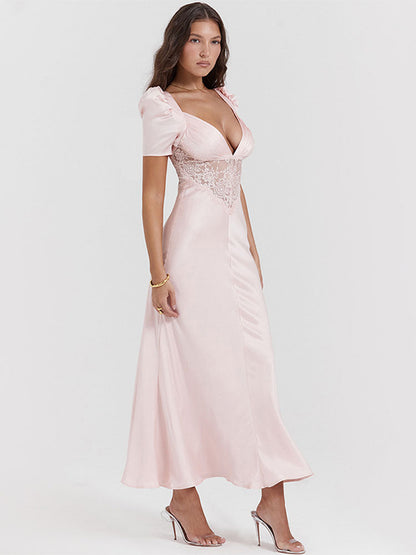 Pink Satin V-Neck Puff Sleeve Lace Patchwork Midi Dress