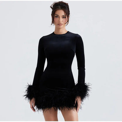 Velvet Long Sleeve Fur Trim Mini Dress