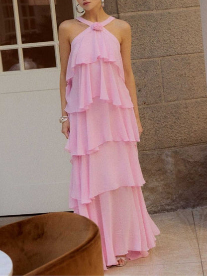 Pink Halter Ruffled Layered Maxi Dress