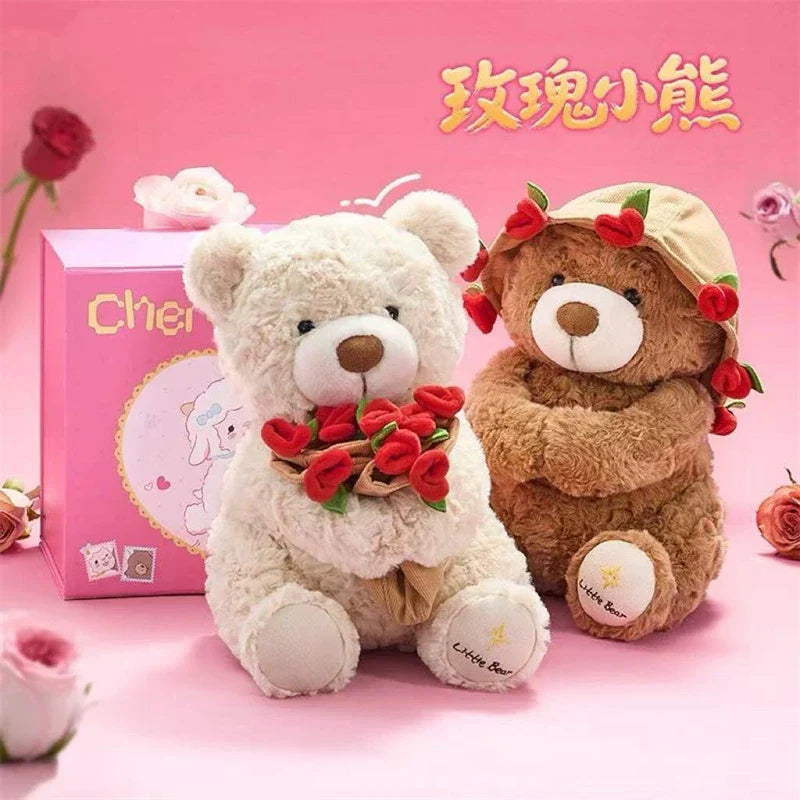Kawaii Teddy Bear with Roses Plush - Soft Stuffed Bear for Valentine's Day and Romantic Gifts