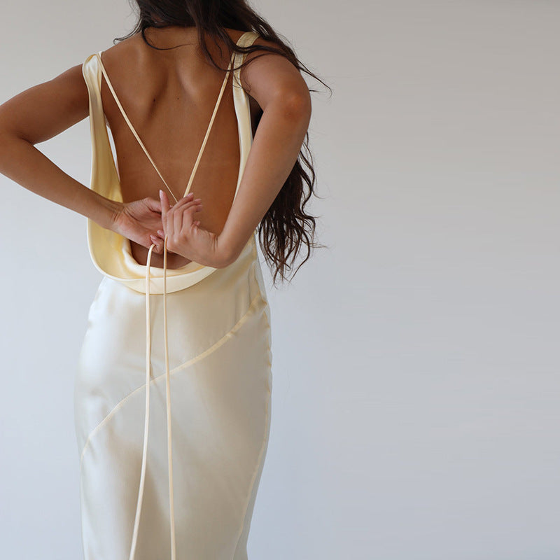 Ivory Satin Backless Maxi Dress