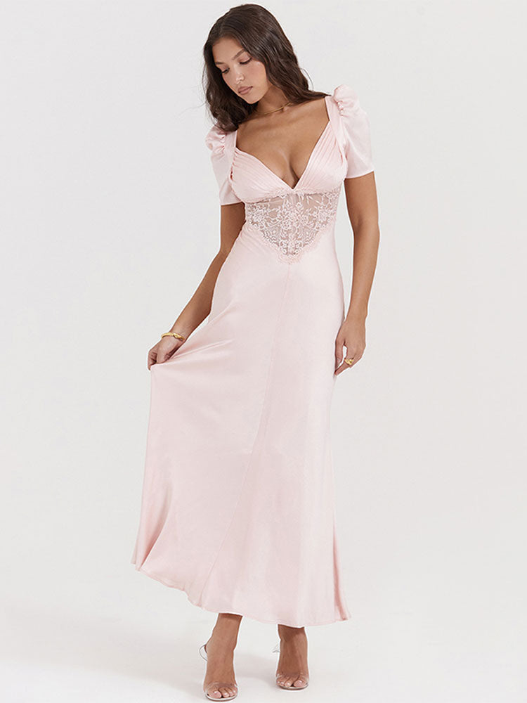 Pink Satin V-Neck Puff Sleeve Lace Patchwork Midi Dress