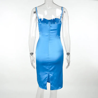 Satin Spaghetti Strap Sleeveless Backless Midi Dresses