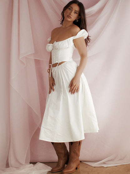 White Buttoned Drawstring Crop Top and Midi Skirt Two Piece Set