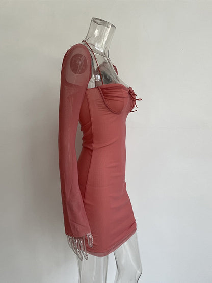 Long Sleeve Mesh Tie Up Hollow Drawstring Mini Dress