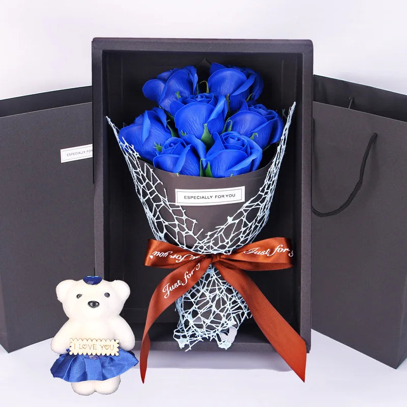 7-Rose Soap Bouquet with Little Bear Gift Box - Creative Gift for Valentine's Day, Mother's Day, Birthday