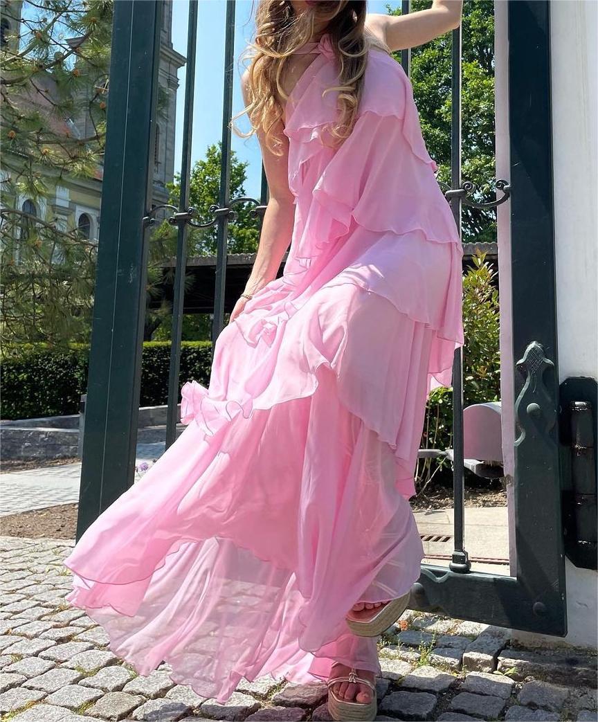 Pink Halter Ruffled Layered Maxi Dress