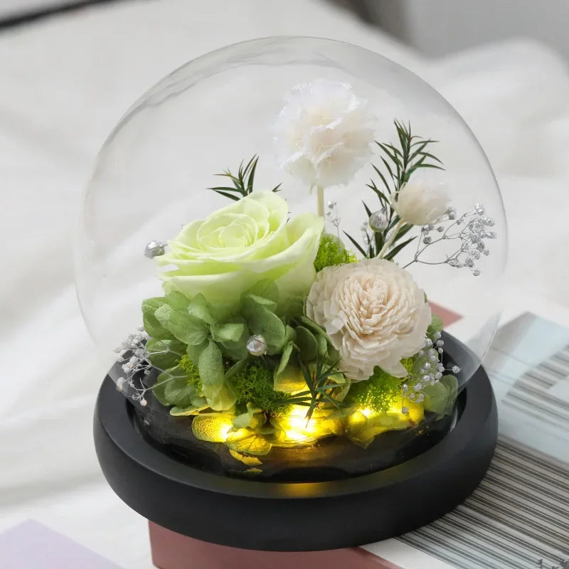 Preserved Red Rose and Carnation Dome with Wooden Base