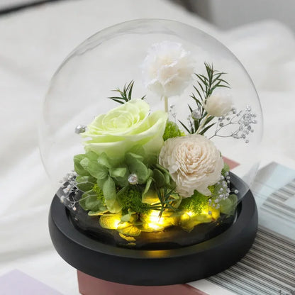 Preserved Red Rose and Carnation Dome with Wooden Base