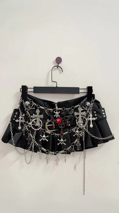 Black Micro Pleated Cross Chain Skirt