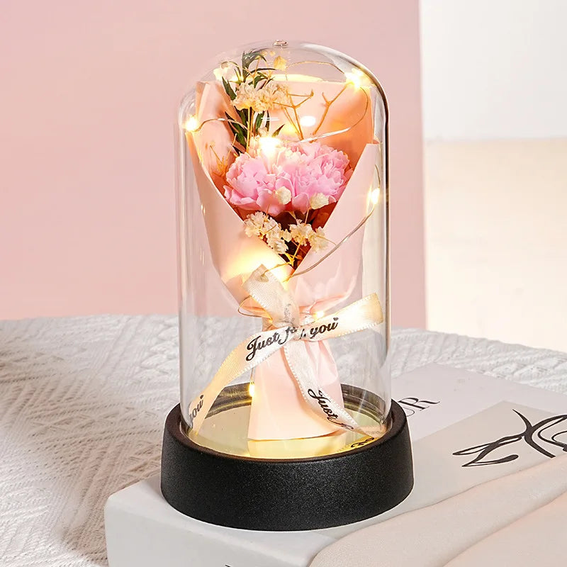 Everlasting Rose LED Glass Dome Bouquet Romantic Decorative Ornament for Valentine's Day and Home