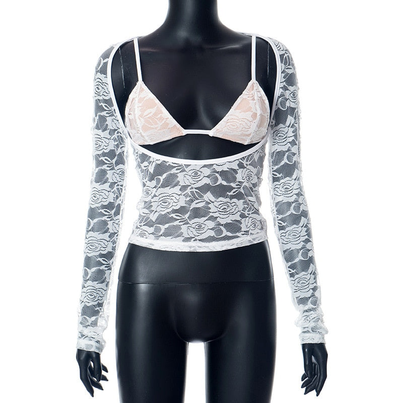 Lace Sheer Long Sleeve Cut Out Bralette Top