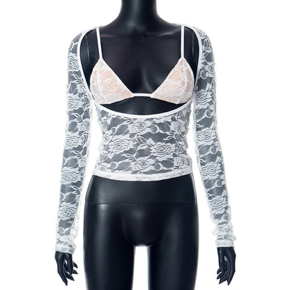 Lace Sheer Long Sleeve Cut Out Bralette Top