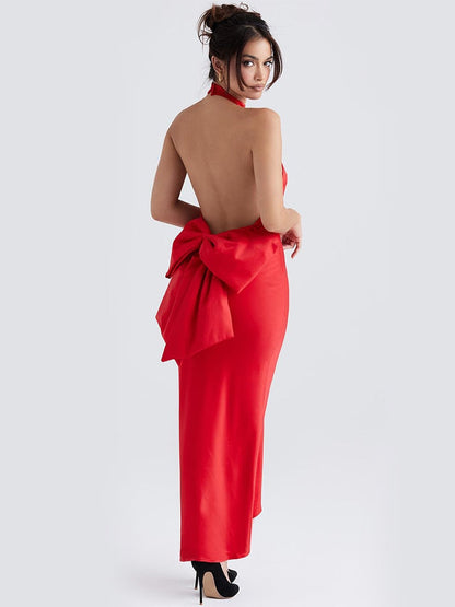 Red Satin Backless Bow Halter Maxi Dress