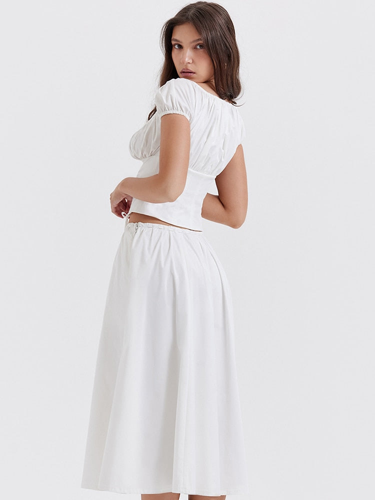 White Buttoned Drawstring Crop Top and Midi Skirt Two Piece Set