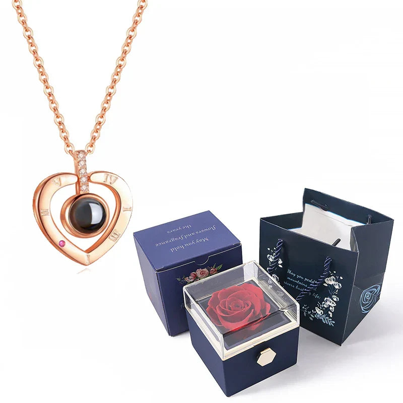 100 Languages I Love You Necklace with Rotating Rose
