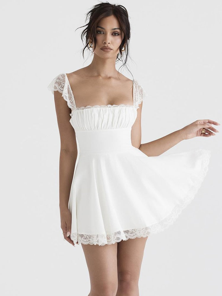 Lace Trim Square Neck Frill Mini Dress
