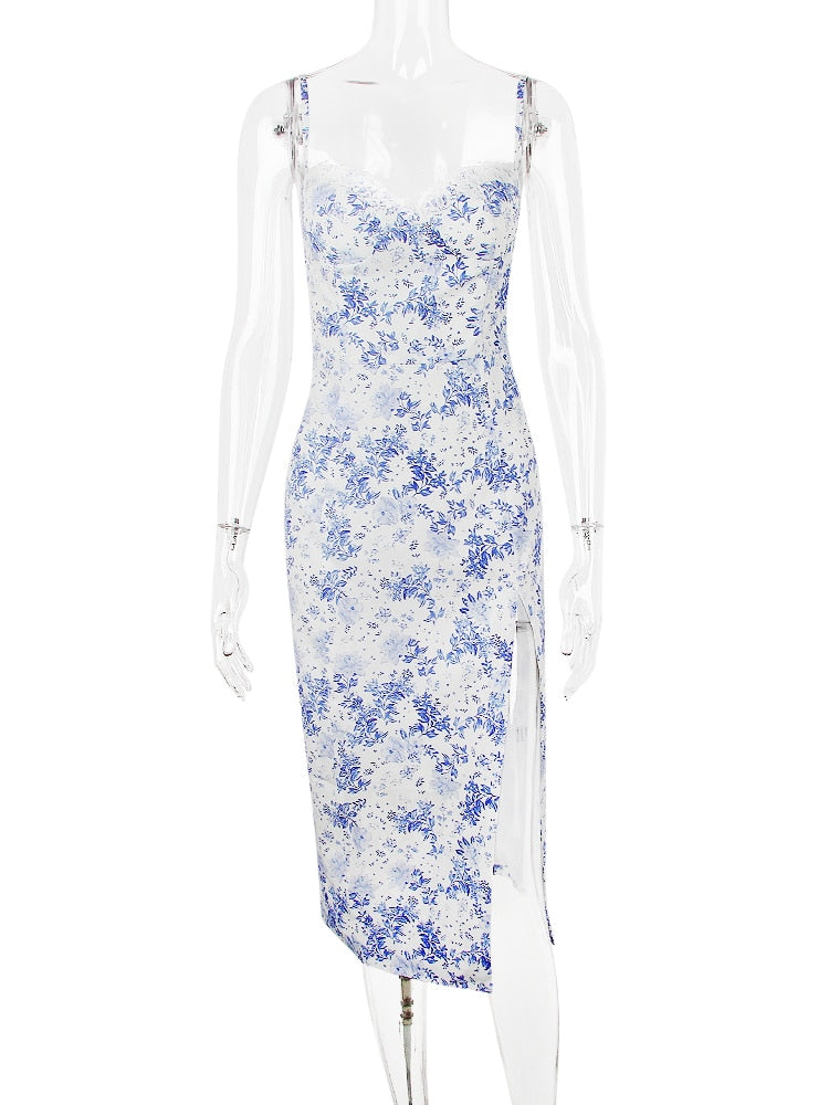 Blue Floral Print Bustier Strap Slit Midi Dress