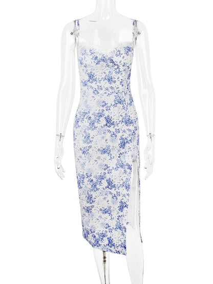 Blue Floral Print Bustier Strap Slit Midi Dress