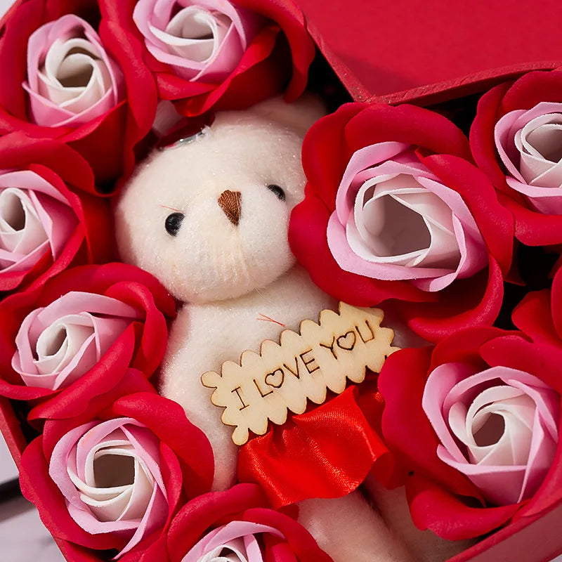 Romantic Bear Soap Bouquet with Roses Gift Box for Valentine's Day and Special Occasions