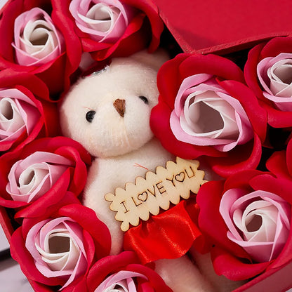 Romantic Bear Soap Bouquet with Roses Gift Box for Valentine's Day and Special Occasions