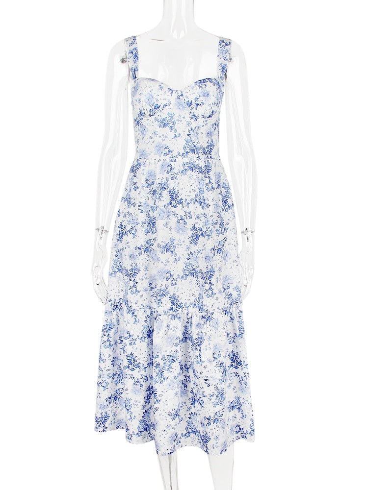 Floral Print Bustier Strap With Pocket Midi Dress