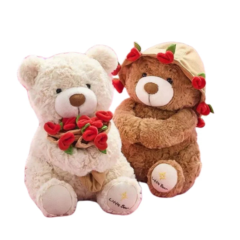 Kawaii Teddy Bear with Roses Plush - Soft Stuffed Bear for Valentine's Day and Romantic Gifts
