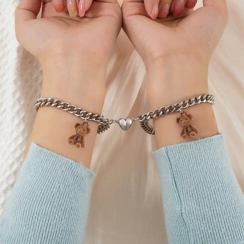 Magnetic Heart Couple Bracelet Set in Stainless Steel
