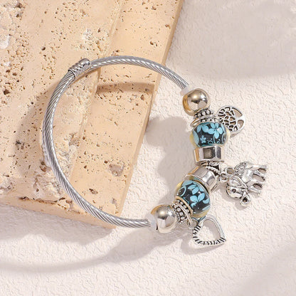 Silver Elephant and Heart Tree Charm Cuff Bracelet for Women