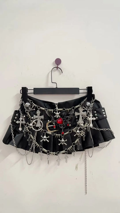 Black Micro Pleated Cross Chain Skirt
