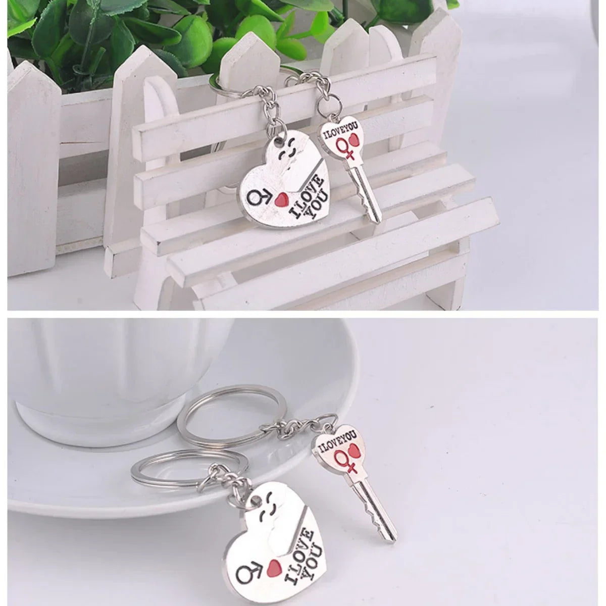 Silver Plated Couple Heart Keychain Set
