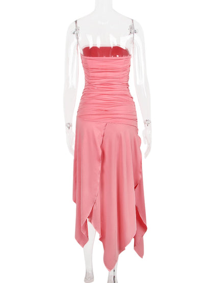 Pink Ruched Frill Tube Midi Dress