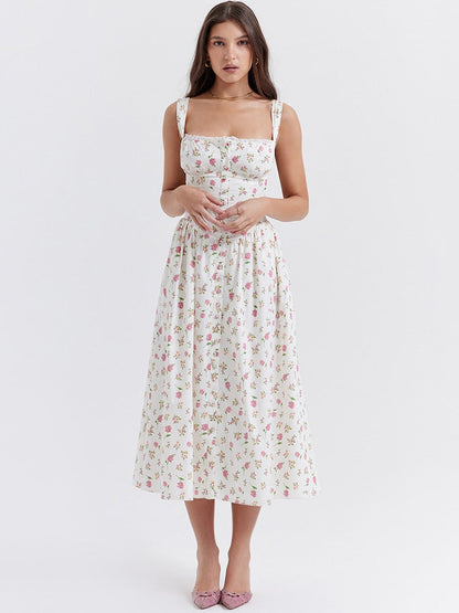 Strappy Corset Flowy Midi Dress With Pocket