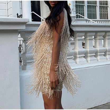 Layered Sequin Fringe Mini Dress