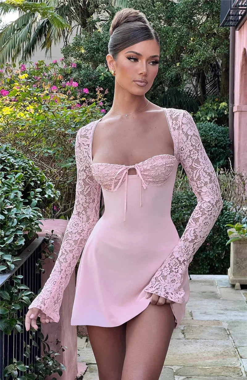 Lace Sheer Long Sleeve Mini Dresses