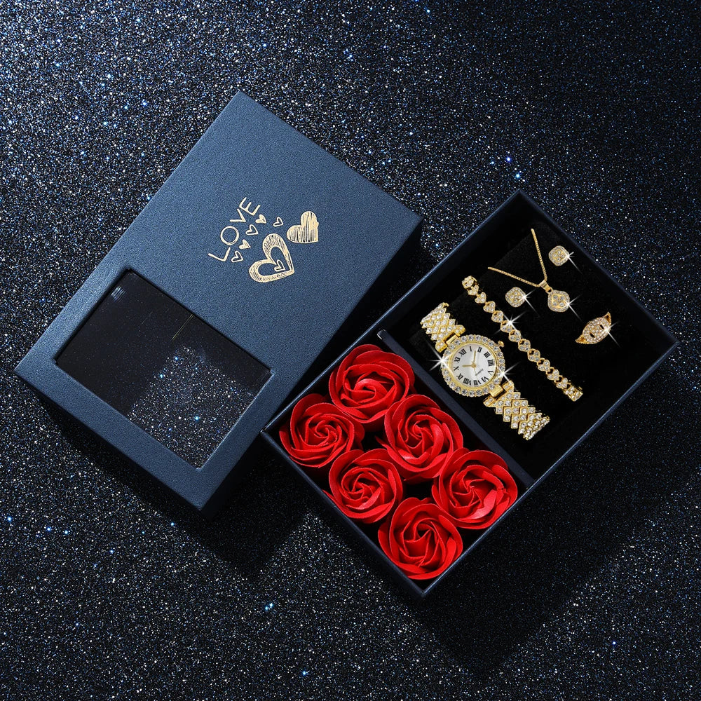 Gold Quartz Watch Jewelry Set for Women