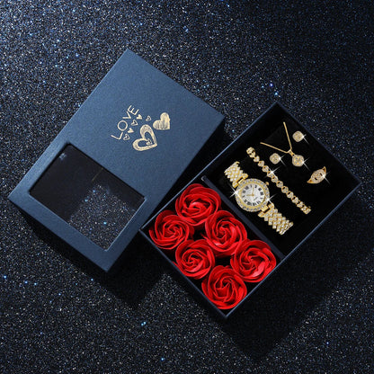 Gold Quartz Watch Jewelry Set for Women