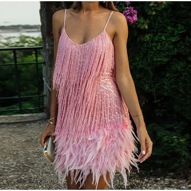 Layered Sequin Fringe Mini Dress
