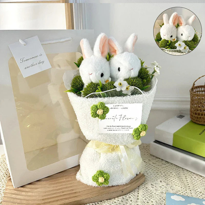 Rabbit Plush Doll with Crochet Flower Bouquet Gift