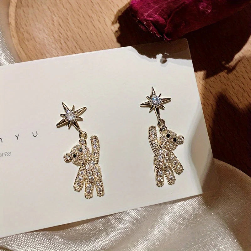 Charming Cubic Zirconia Bear & Star Stud Earrings