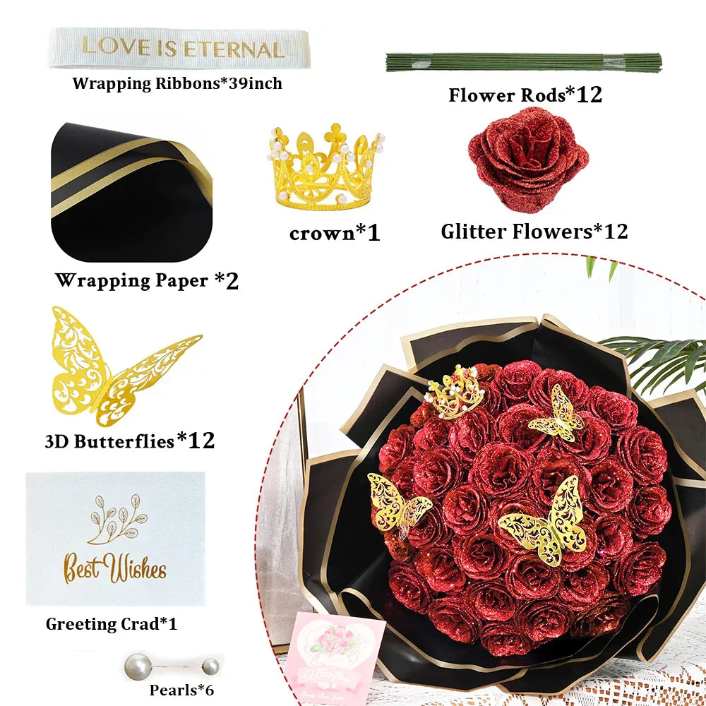 Glitter Artificial Rose Bouquet for Gifts and Decoration